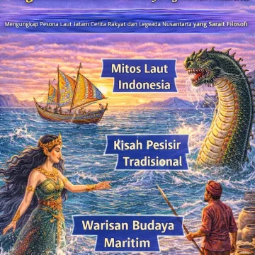 Ilustrasi laut dalam cerita rakyat dan legenda Nusantara dengan ombak biru, perahu tradisional, dan tokoh mitologi pesisir