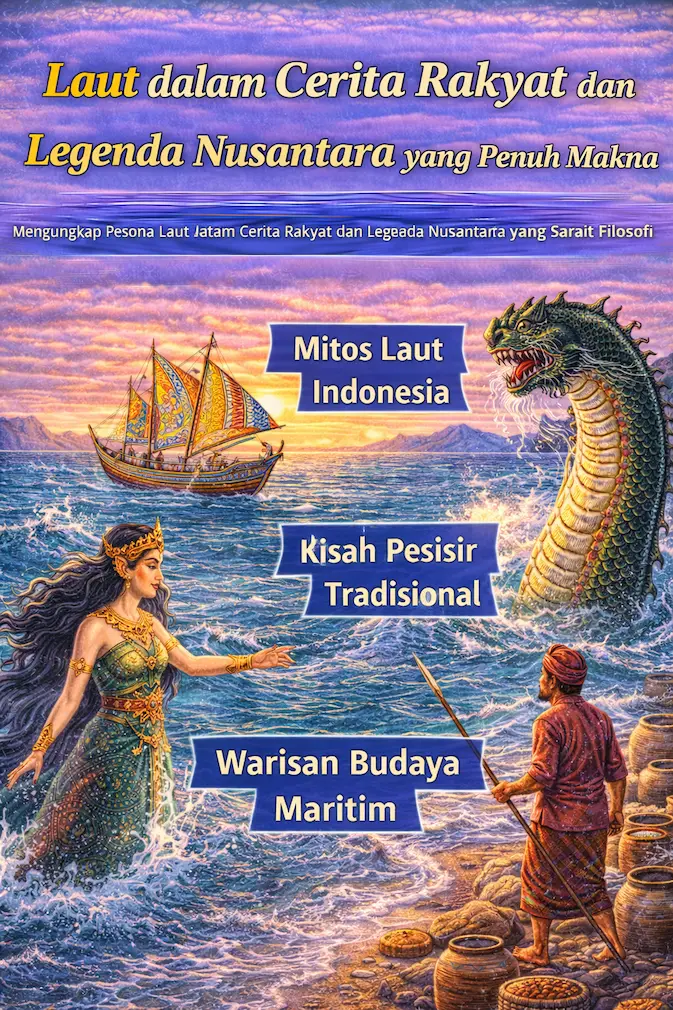 Ilustrasi laut dalam cerita rakyat dan legenda Nusantara dengan ombak biru, perahu tradisional, dan tokoh mitologi pesisir