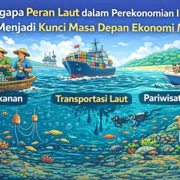 ilustrasi peran laut dalam perekonomian Indonesia dengan kapal, nelayan, dan aktivitas ekonomi maritim
