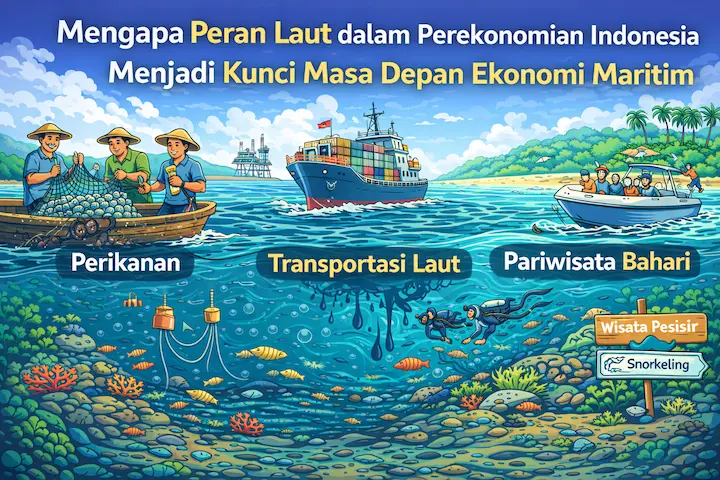 ilustrasi peran laut dalam perekonomian Indonesia dengan kapal, nelayan, dan aktivitas ekonomi maritim