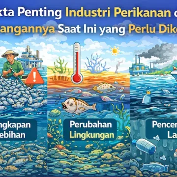 ilustrasi industri perikanan dan tantangannya dengan nelayan, kapal, dan aktivitas penangkapan ikan