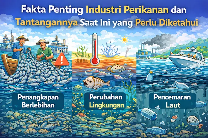 ilustrasi industri perikanan dan tantangannya dengan nelayan, kapal, dan aktivitas penangkapan ikan