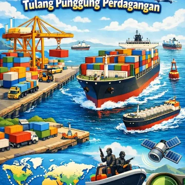 ilustrasi transportasi laut sebagai tulang punggung perdagangan dengan kapal kargo dan aktivitas pelabuhan