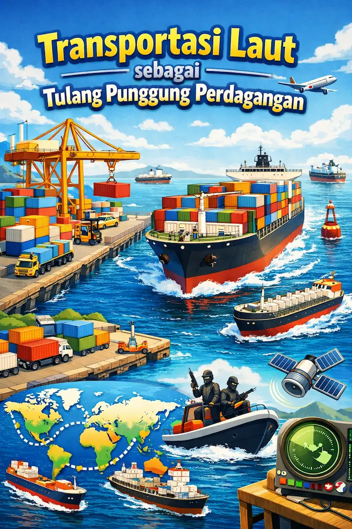 ilustrasi transportasi laut sebagai tulang punggung perdagangan dengan kapal kargo dan aktivitas pelabuhan