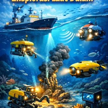 ilustrasi teknologi laut modern dalam eksplorasi laut dalam dengan kapal riset dan robot bawah laut