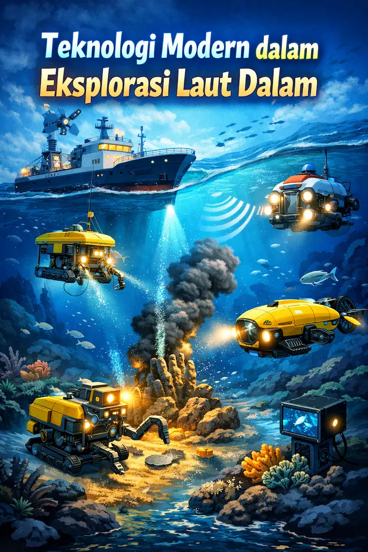 ilustrasi teknologi laut modern dalam eksplorasi laut dalam dengan kapal riset dan robot bawah laut