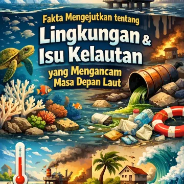 ilustrasi lingkungan dan isu kelautan dengan sampah plastik di laut serta terumbu karang yang terdampak perubahan iklim