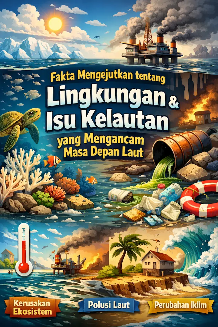 ilustrasi lingkungan dan isu kelautan dengan sampah plastik di laut serta terumbu karang yang terdampak perubahan iklim