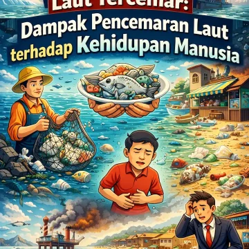 ilustrasi dampak pencemaran laut terhadap kehidupan manusia dengan sampah plastik di laut dan nelayan di pesisir