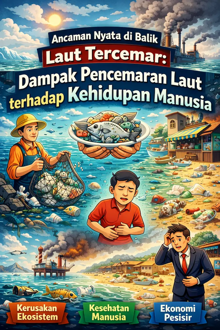 ilustrasi dampak pencemaran laut terhadap kehidupan manusia dengan sampah plastik di laut dan nelayan di pesisir