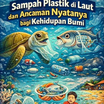 ilustrasi sampah plastik di laut dengan ikan dan penyu yang terancam oleh polusi plastik