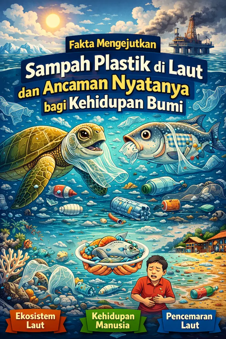 ilustrasi sampah plastik di laut dengan ikan dan penyu yang terancam oleh polusi plastik