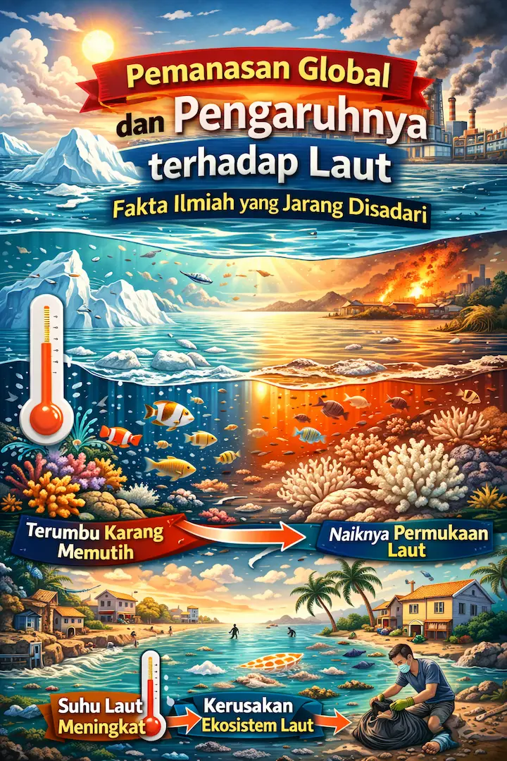 ilustrasi pemanasan global dan pengaruhnya terhadap laut dengan es mencair, suhu laut meningkat, dan terumbu karang memutih