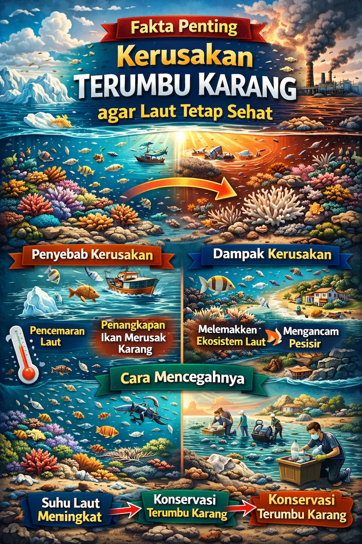 ilustrasi kerusakan terumbu karang dan cara mencegahnya dengan karang sehat dan karang rusak di laut