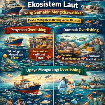 ilustrasi overfishing dan ancaman bagi ekosistem laut dengan kapal penangkap ikan besar dan populasi ikan yang menurun