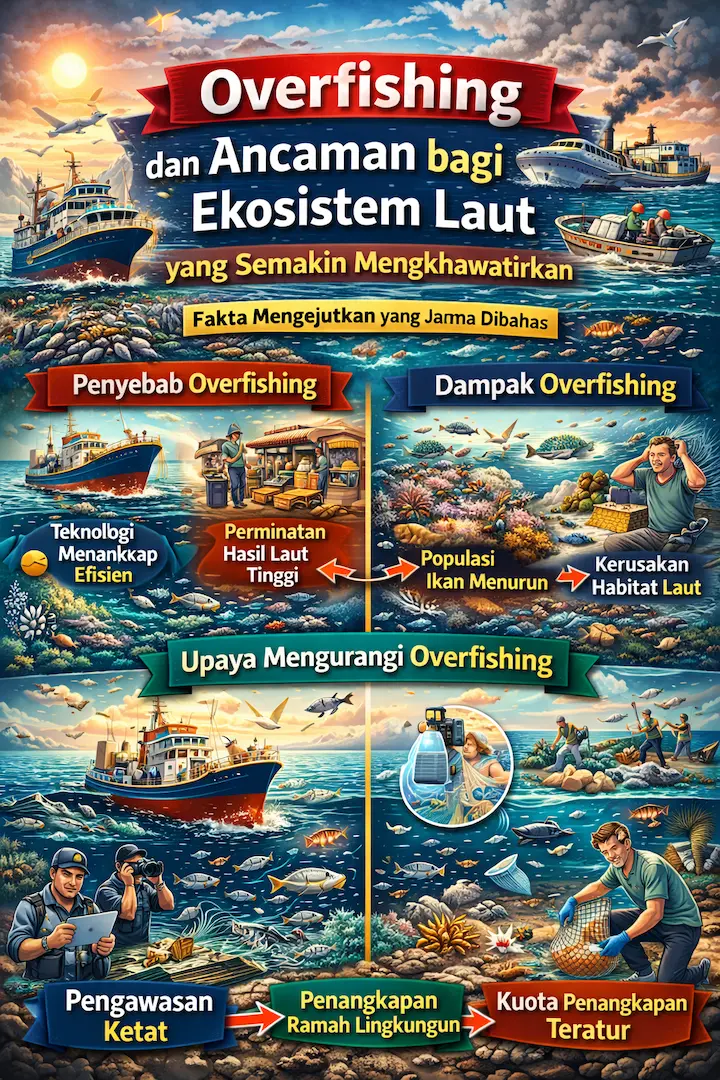 ilustrasi overfishing dan ancaman bagi ekosistem laut dengan kapal penangkap ikan besar dan populasi ikan yang menurun