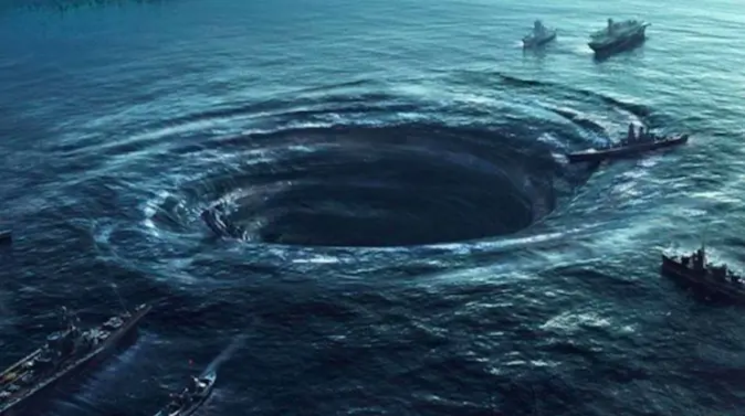 ilustrasi segitiga bermuda dengan kapal dan pesawat di tengah fenomena laut misterius