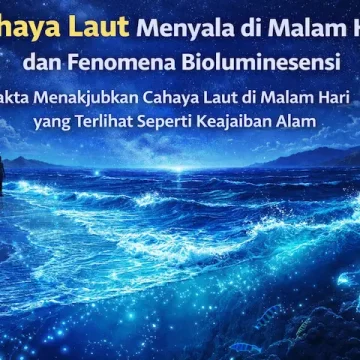 ilustrasi cahaya laut menyala di malam hari dengan efek bioluminesensi biru terang