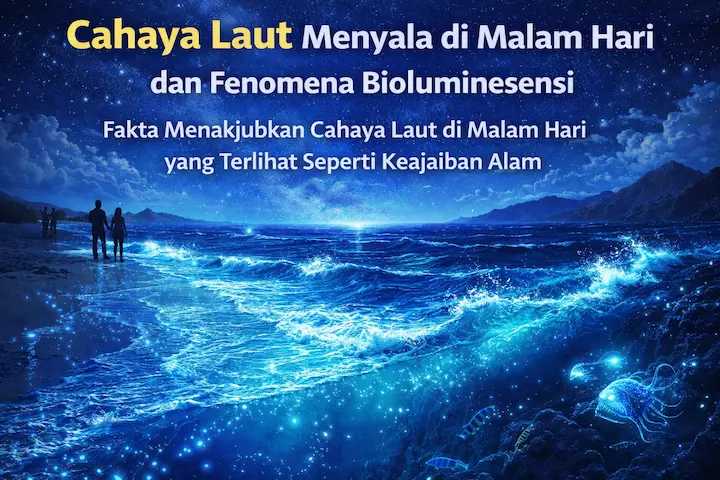 ilustrasi cahaya laut menyala di malam hari dengan efek bioluminesensi biru terang