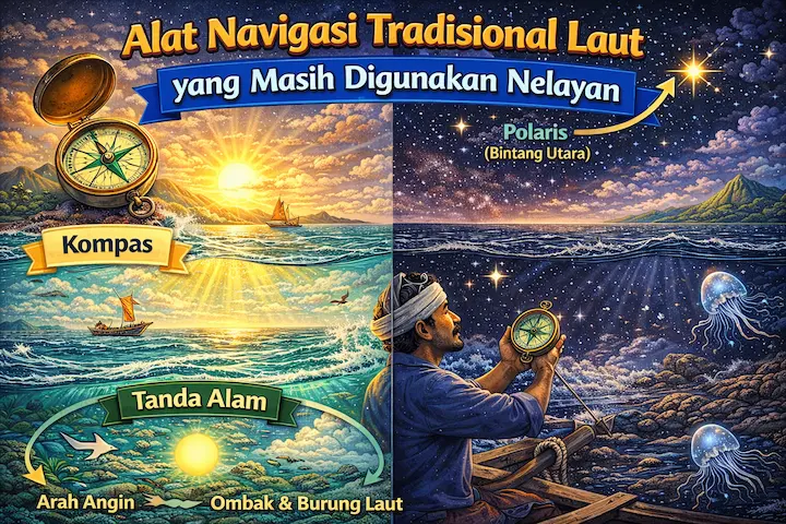 “alat navigasi tradisional laut menggunakan kompas dan bintang”