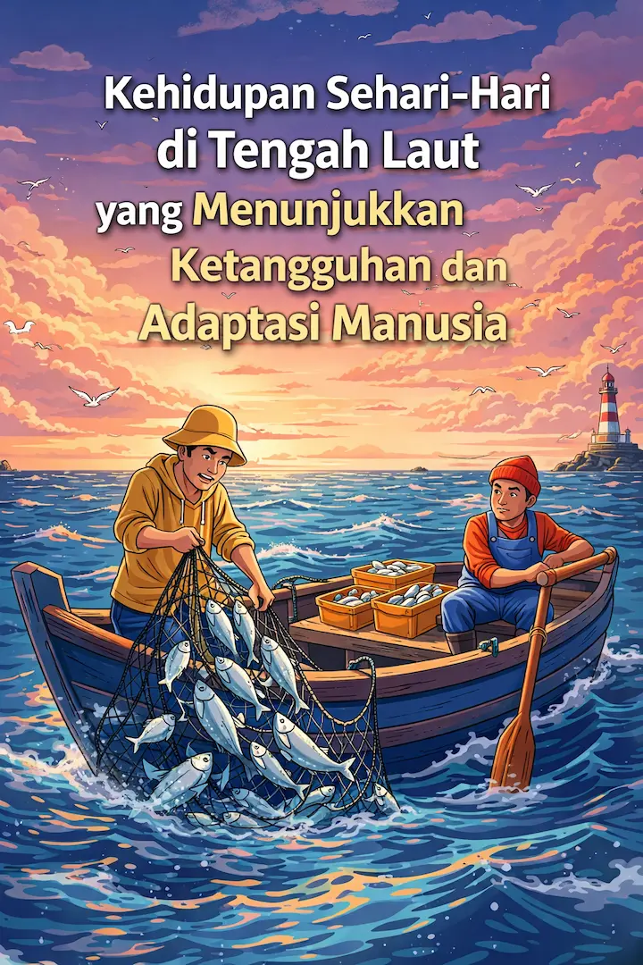 “kehidupan sehari hari di tengah laut dengan aktivitas nelayan”