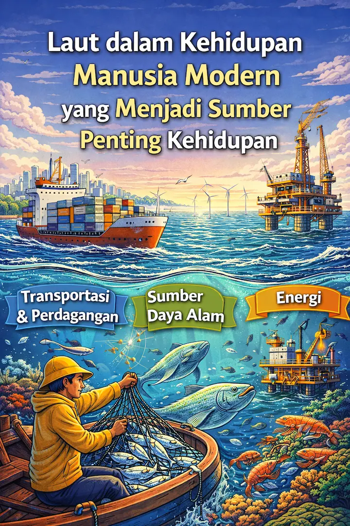 “laut dalam kehidupan manusia modern dengan kapal dan aktivitas laut”