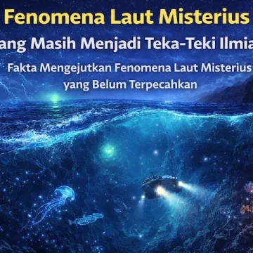 ilustrasi fenomena laut misterius dengan cahaya aneh dan kondisi laut yang tidak biasa