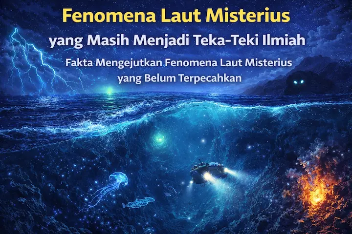 ilustrasi fenomena laut misterius dengan cahaya aneh dan kondisi laut yang tidak biasa