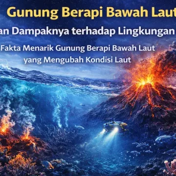 ilustrasi gunung berapi bawah laut dengan lava dan perubahan ekosistem laut