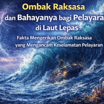 ilustrasi ombak raksasa menghantam kapal di laut lepas dengan kondisi ekstrem