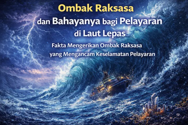 ilustrasi ombak raksasa menghantam kapal di laut lepas dengan kondisi ekstrem
