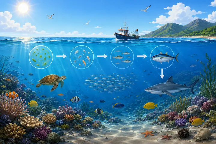 “ekosistem laut dan cara kerjanya dengan terumbu karang, ikan, dan biota laut”