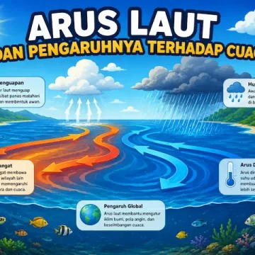 Arus Laut dan Pengaruhnya terhadap Cuaca yang Diam-Diam Mengatur Kehidupan di Bumi “arus laut dan pengaruhnya terhadap cuaca dengan ilustrasi laut dan awan”