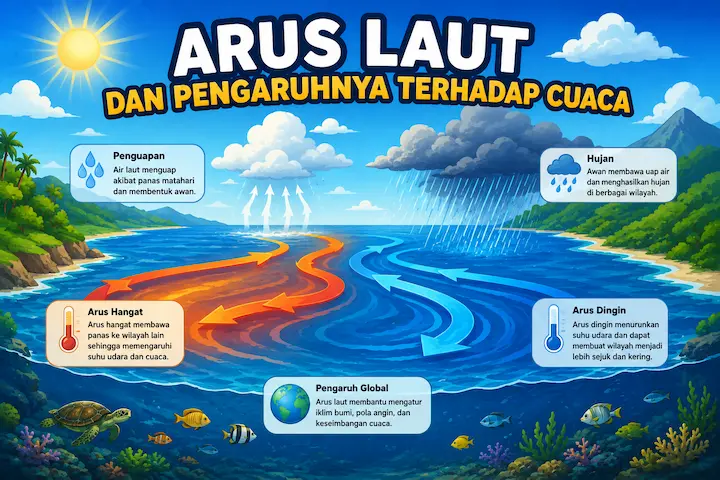 “arus laut dan pengaruhnya terhadap cuaca dengan ilustrasi laut dan awan”