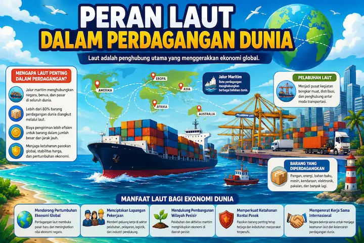 “peran laut dalam perdagangan dunia dengan kapal kargo dan pelabuhan laut”