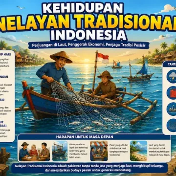 Kehidupan Nelayan Tradisional Indonesia yang Menyimpan Perjuangan dan Nilai Luhur Pesisir “nelayan tradisional Indonesia berlayar dengan perahu kecil di laut pagi hari”