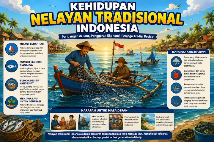 “nelayan tradisional Indonesia berlayar dengan perahu kecil di laut pagi hari”