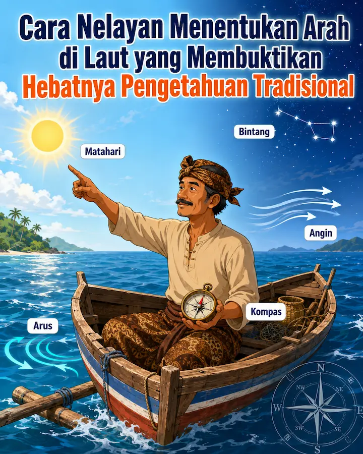 “cara nelayan menentukan arah di laut dengan bintang, angin, dan tanda alam laut”