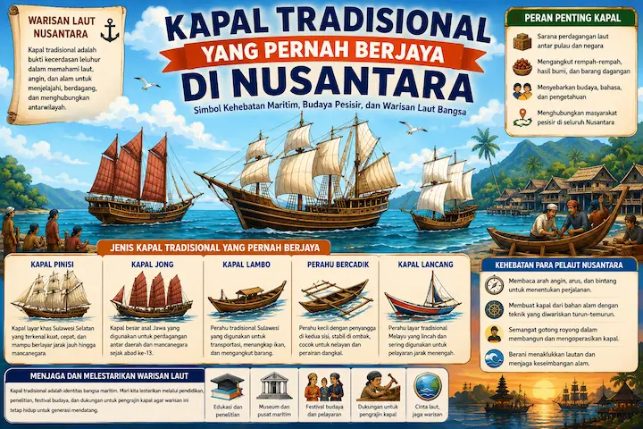 “kapal tradisional Nusantara berlayar di laut sebagai bagian dari sejarah maritim”