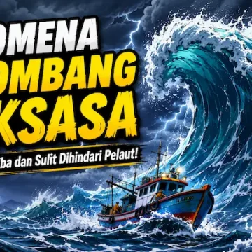 gelombang raksasa yang menjulang tinggi di tengah laut saat cuaca buruk