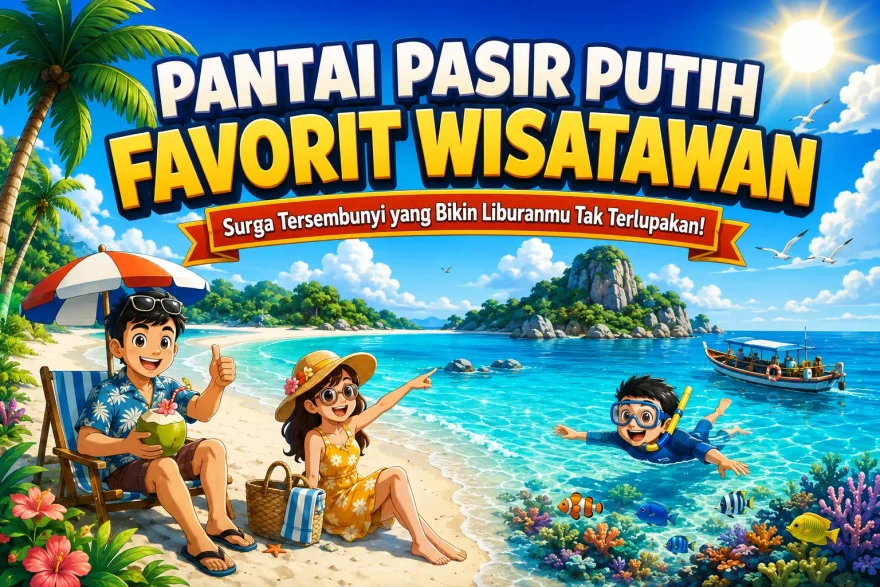 pantai pasir putih favorit wisatawan dengan air laut jernih dan pepohonan tropis