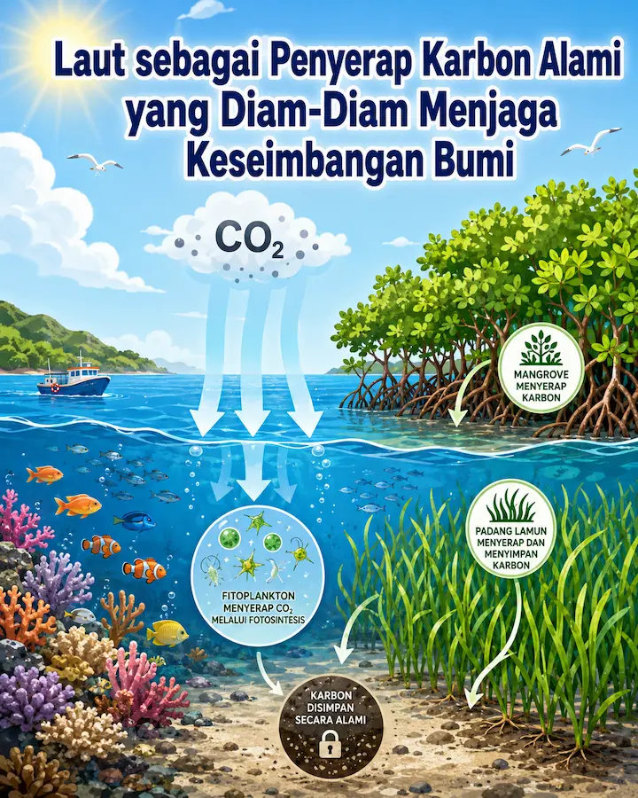 laut penyerap karbon alami dengan mangrove, lamun, dan ekosistem laut sehat