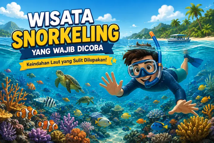 wisata snorkeling di laut jernih dengan ikan tropis dan terumbu karang indah