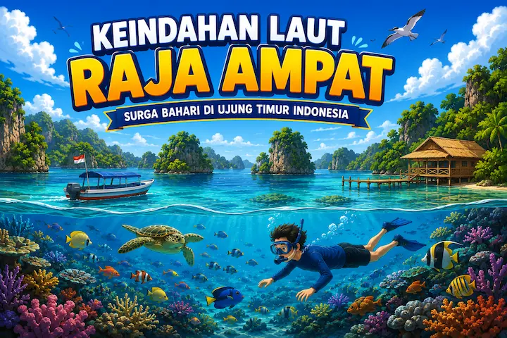 keindahan Laut Raja Ampat dengan gugusan pulau hijau dan air laut jernih