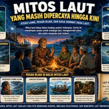 “mitos laut dalam budaya pesisir Indonesia dengan suasana pantai dan perahu tradisional”
