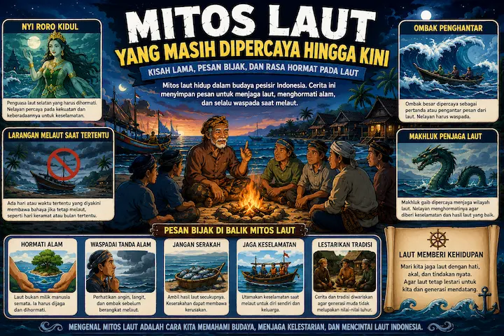 “mitos laut dalam budaya pesisir Indonesia dengan suasana pantai dan perahu tradisional”