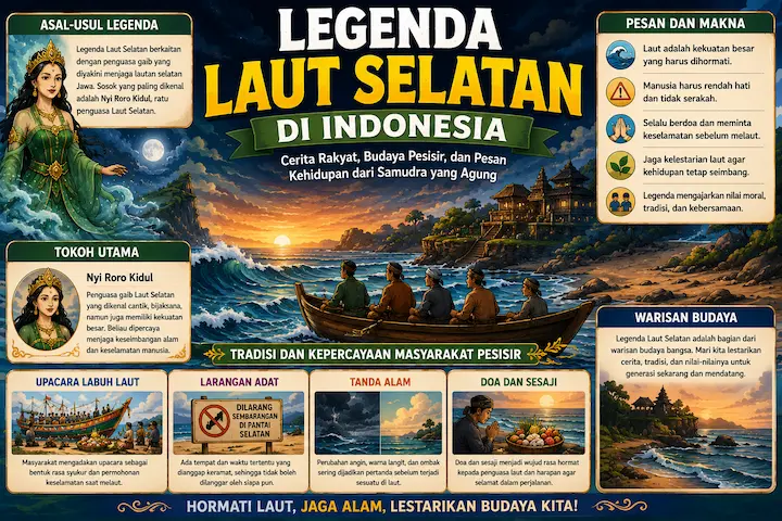 “legenda laut selatan di Indonesia dengan suasana pantai selatan dan budaya pesisir”