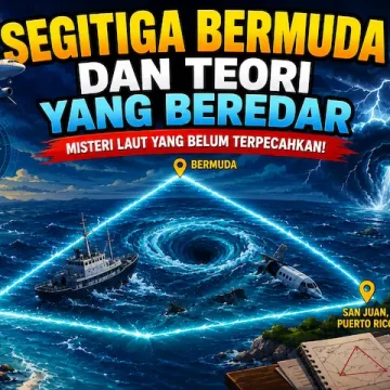 ilustrasi Segitiga Bermuda dengan kapal di tengah laut dan langit dramatis