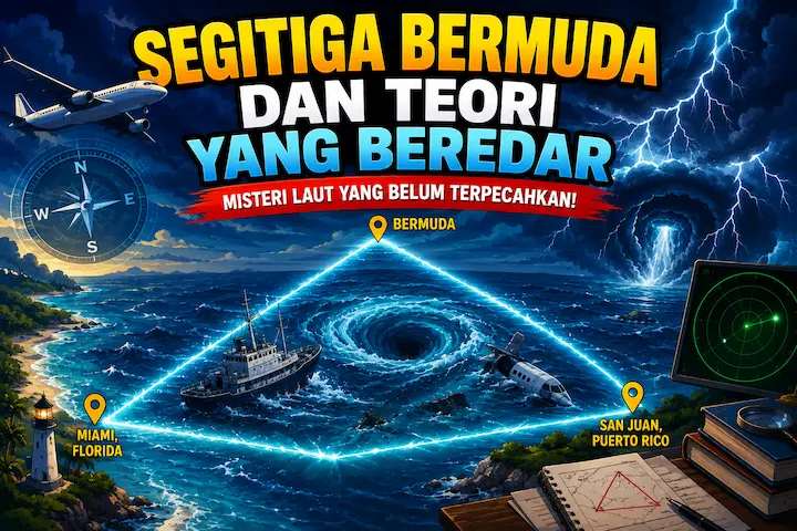 Segitiga Bermuda dan Teori yang Beredar, Benarkah Semua Misterinya Belum Terpecahkan? ilustrasi Segitiga Bermuda dengan kapal di tengah laut dan langit dramatis