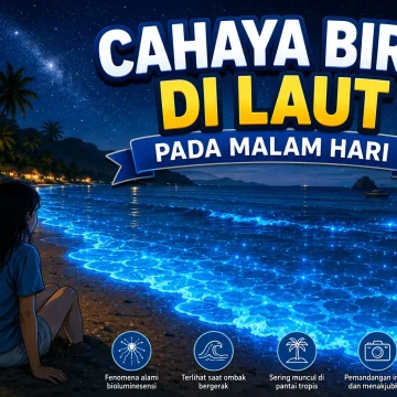 cahaya biru di laut pada malam hari akibat fenomena bioluminesensi di pantai tropis